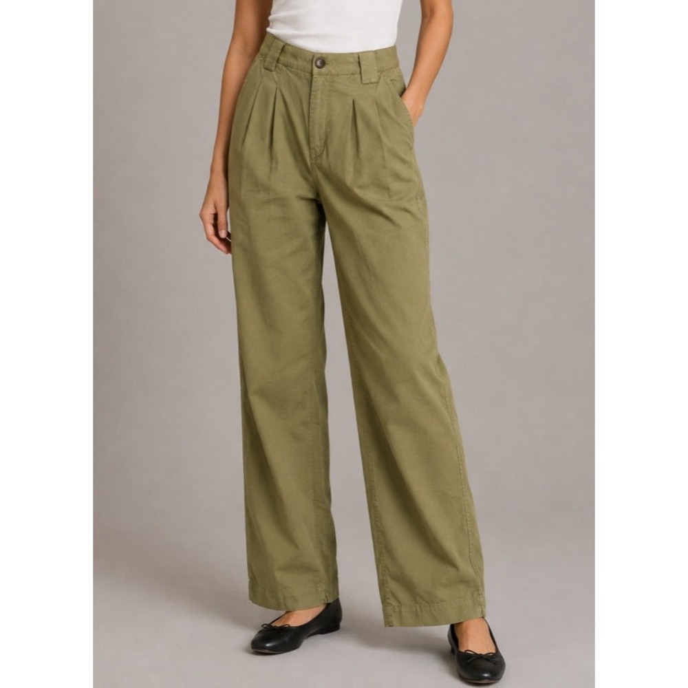 ba&sh Paige Kaki Green Pleated High Rise Straight Leg Trousers Pants Size 0 XS